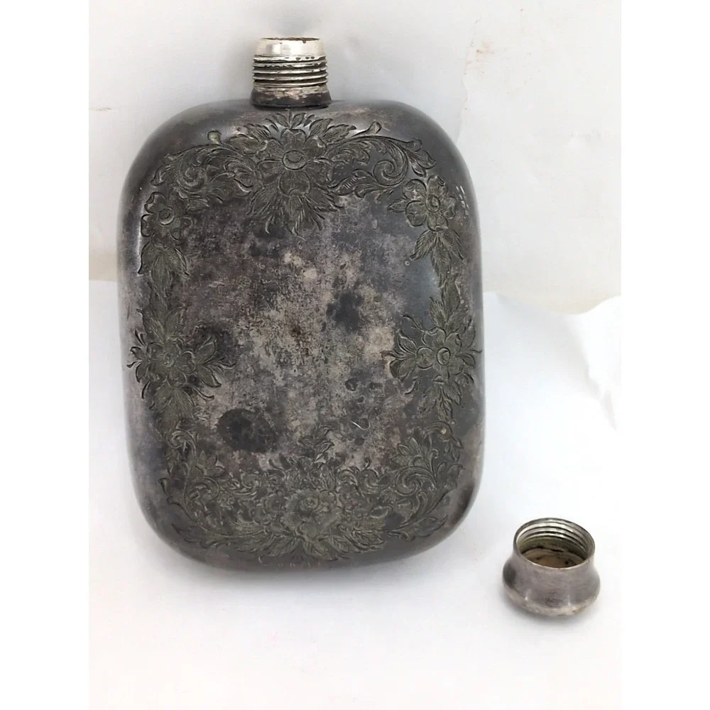 Ornate Vintage Victorian Silver Plate Flask Engraved Floral Motif 4 Oz